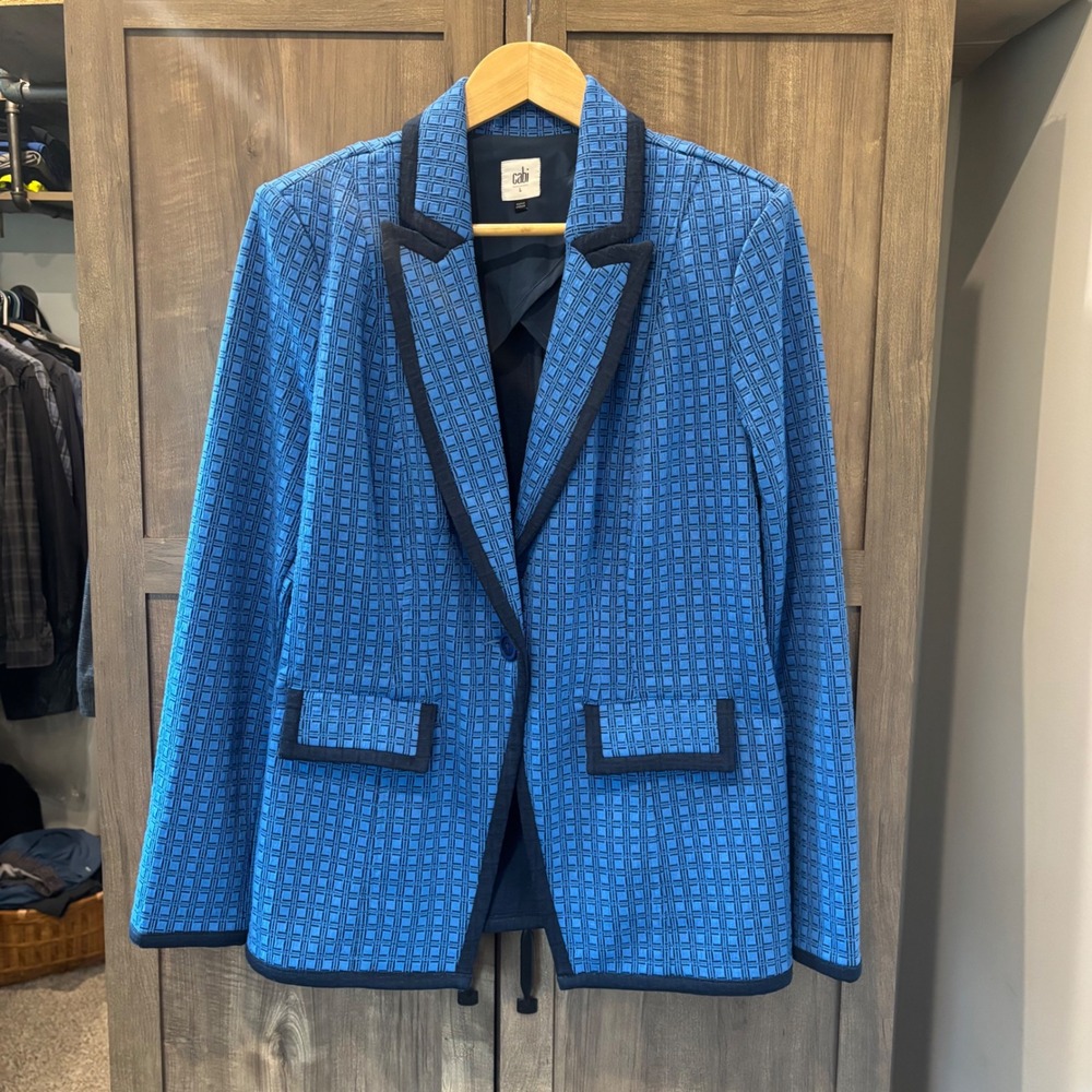 Cabi Scholarship Blazer Blue Navy Grid Pattern Single Button Jacket 6027 Large